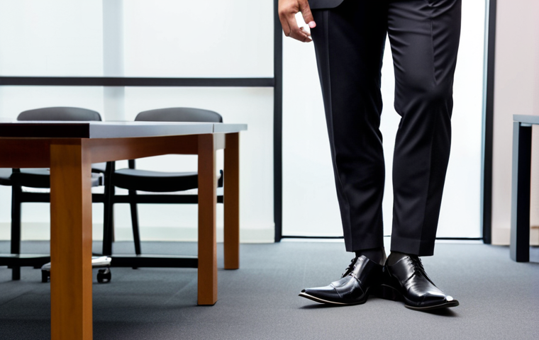 **Image Prompt 1: Professional Shoes for Business Meetings**
   - A well-dressed man wearing polished black leather shoes, standing confidently in a formal meeting room. The focus is on the shoes, highlighting their elegance and professional appearance. The background shows a stylish office setting with a conference table and a modern design.
