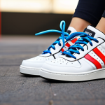 **

A close-up shot of sneakers with mismatched shoelaces (different colors on each shoe), styled with an asymmetrical lacing pattern. The overall vibe is trendy and individualistic. Focus on the details of the laces and the creative styling. Consider a brightly lit, urban background slightly out of focus.

**