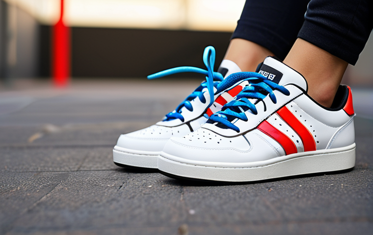**

A close-up shot of sneakers with mismatched shoelaces (different colors on each shoe), styled with an asymmetrical lacing pattern. The overall vibe is trendy and individualistic. Focus on the details of the laces and the creative styling. Consider a brightly lit, urban background slightly out of focus.

**