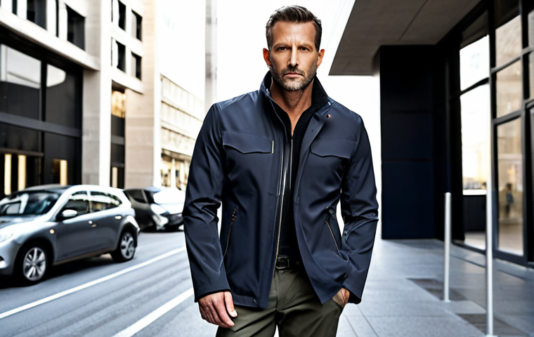 Urban Sophistication & High-Tech Functionality**
    A stylish adult man in his late 30s or early 40s stands confidently on a modern city street or in front of a sleek urban building. He is wearing a contemporary military jacket, which features a lightweight, high-performance, water-repellent technical fabric with a subtle sheen. The jacket has a refined, clean-lined silhouette (I-line or A-line) in a sophisticated color like deep navy, charcoal grey, or muted black. Subtle functional details are visible, such as minimalist, hidden zippers and adjustable cuffs. His overall attire is smart-casual, perhaps with tailored trousers and premium, clean-lined sneakers or leather shoes, conveying a sense of practical luxury and urban adaptability. The lighting is bright and natural, highlighting the jacket's modern aesthetic and sleek texture.

2.  **Prompt for